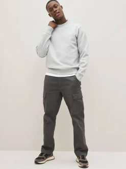 Next Grey Charcoal Straight Fit Cotton Stretch Cargo Trousers Sale