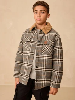 Next Lined Shacket (3-16yrs) Grey Check Borg Collar Best