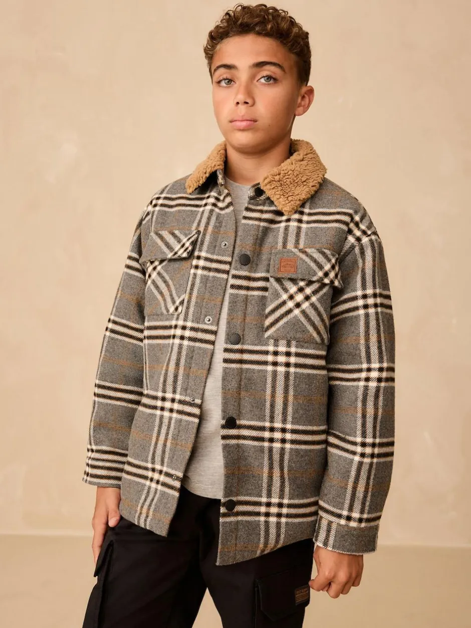 Next Lined Shacket (3-16yrs) Grey Check Borg Collar Best