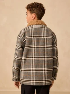 Next Lined Shacket (3-16yrs) Grey Check Borg Collar Best