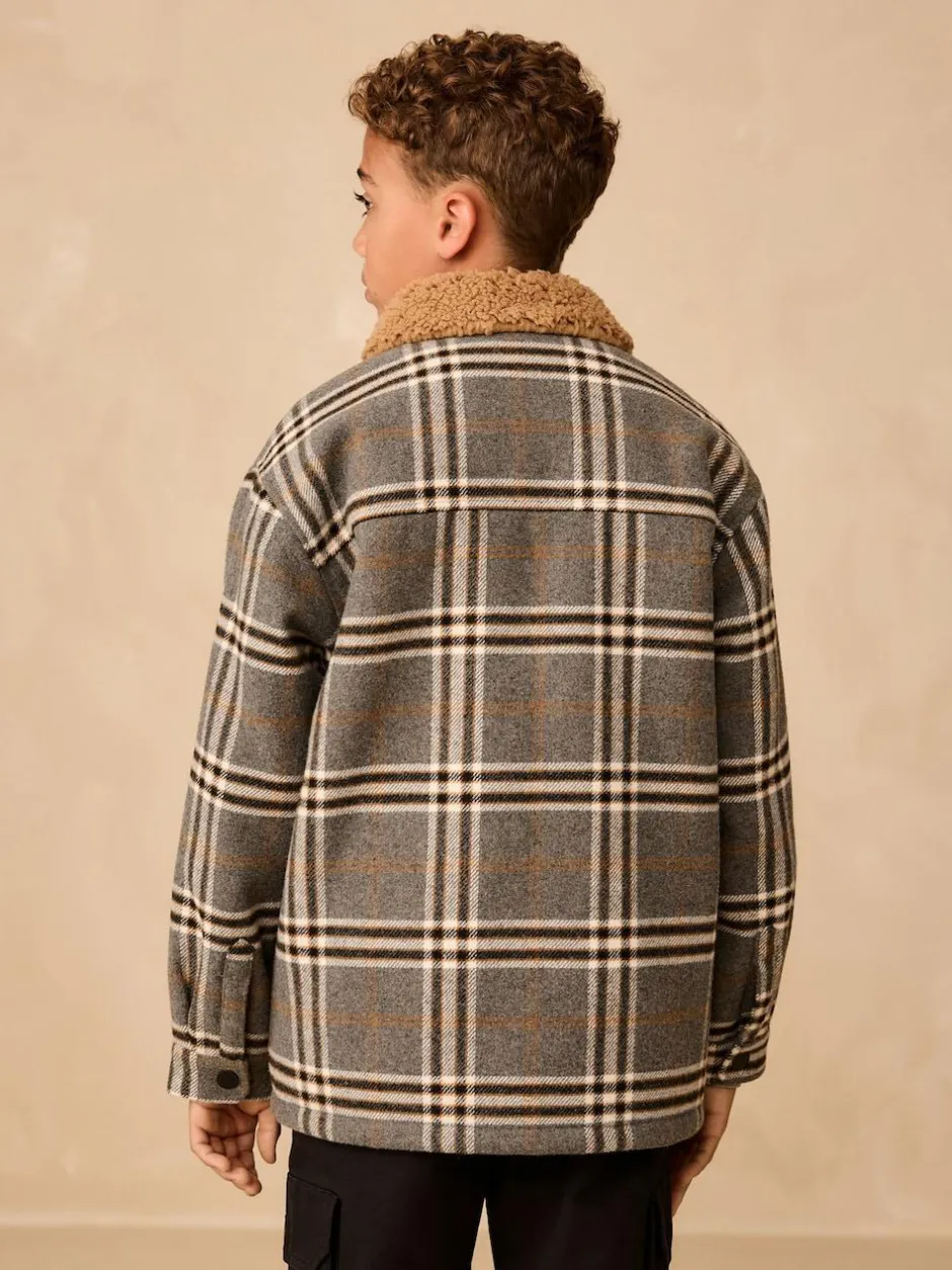 Next Lined Shacket (3-16yrs) Grey Check Borg Collar Best