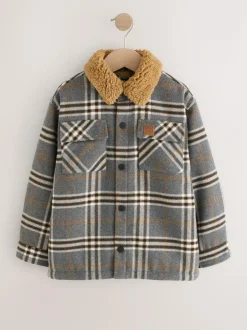 Next Lined Shacket (3-16yrs) Grey Check Borg Collar Best