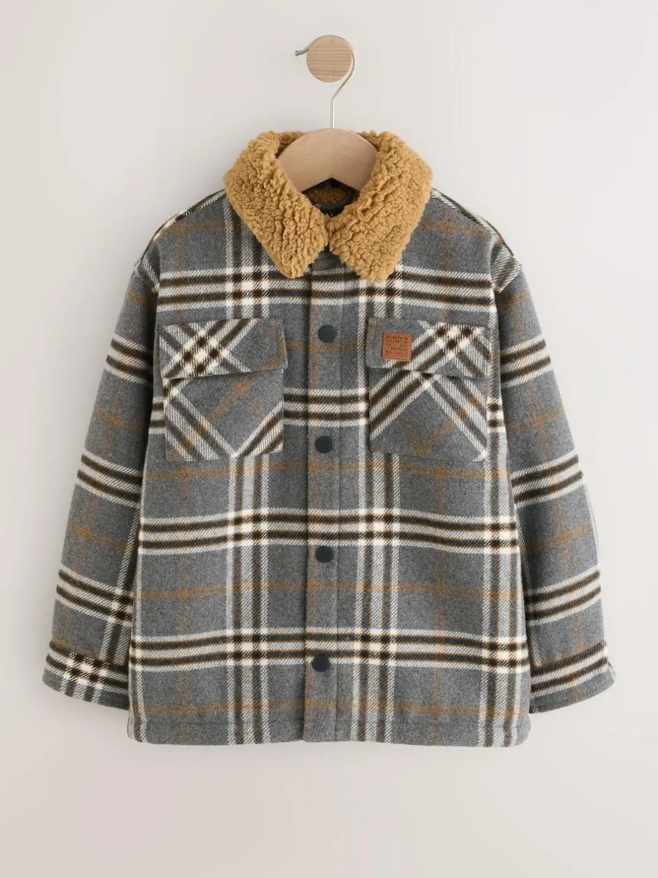 Next Lined Shacket (3-16yrs) Grey Check Borg Collar Best