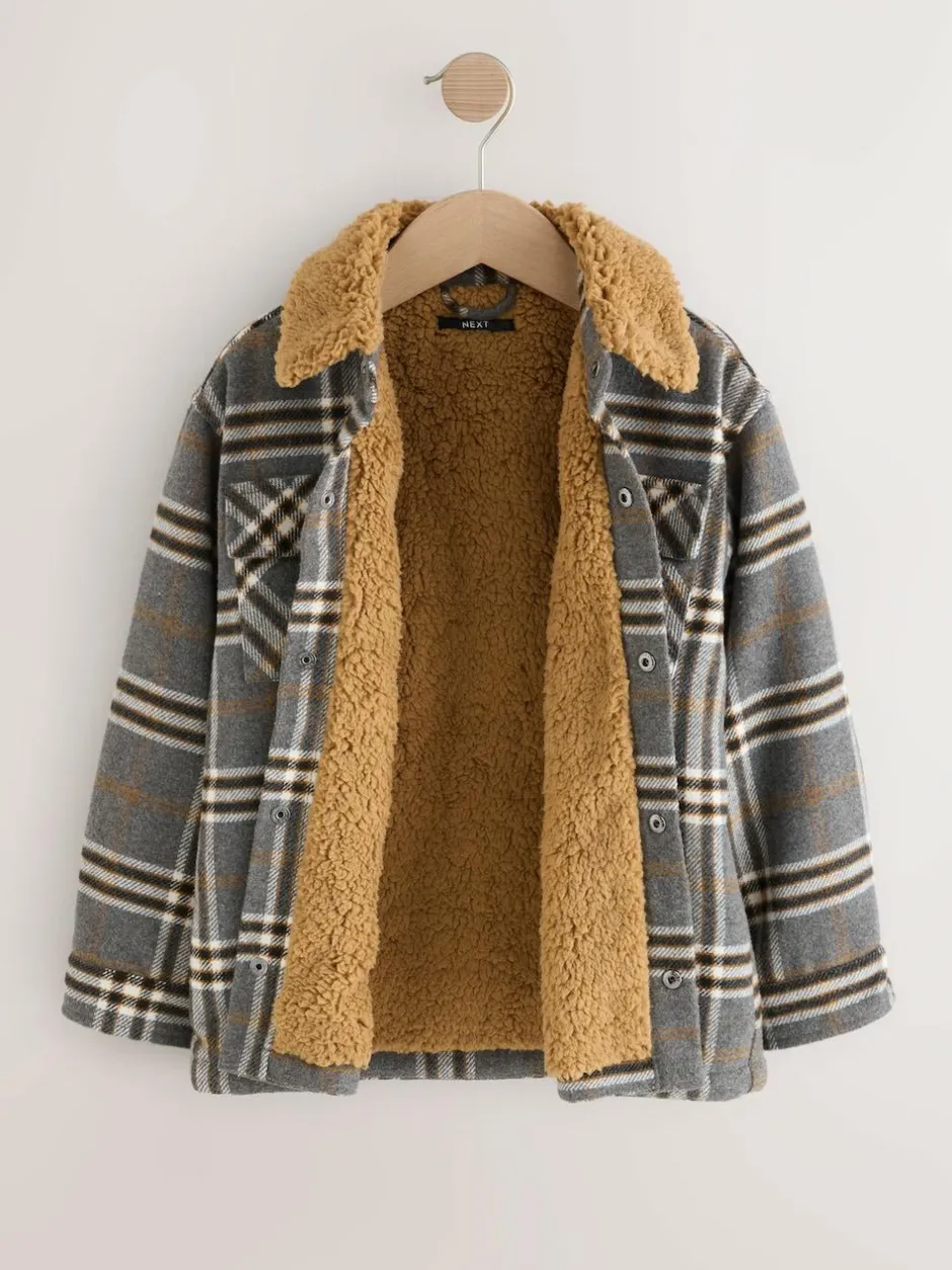 Next Lined Shacket (3-16yrs) Grey Check Borg Collar Best