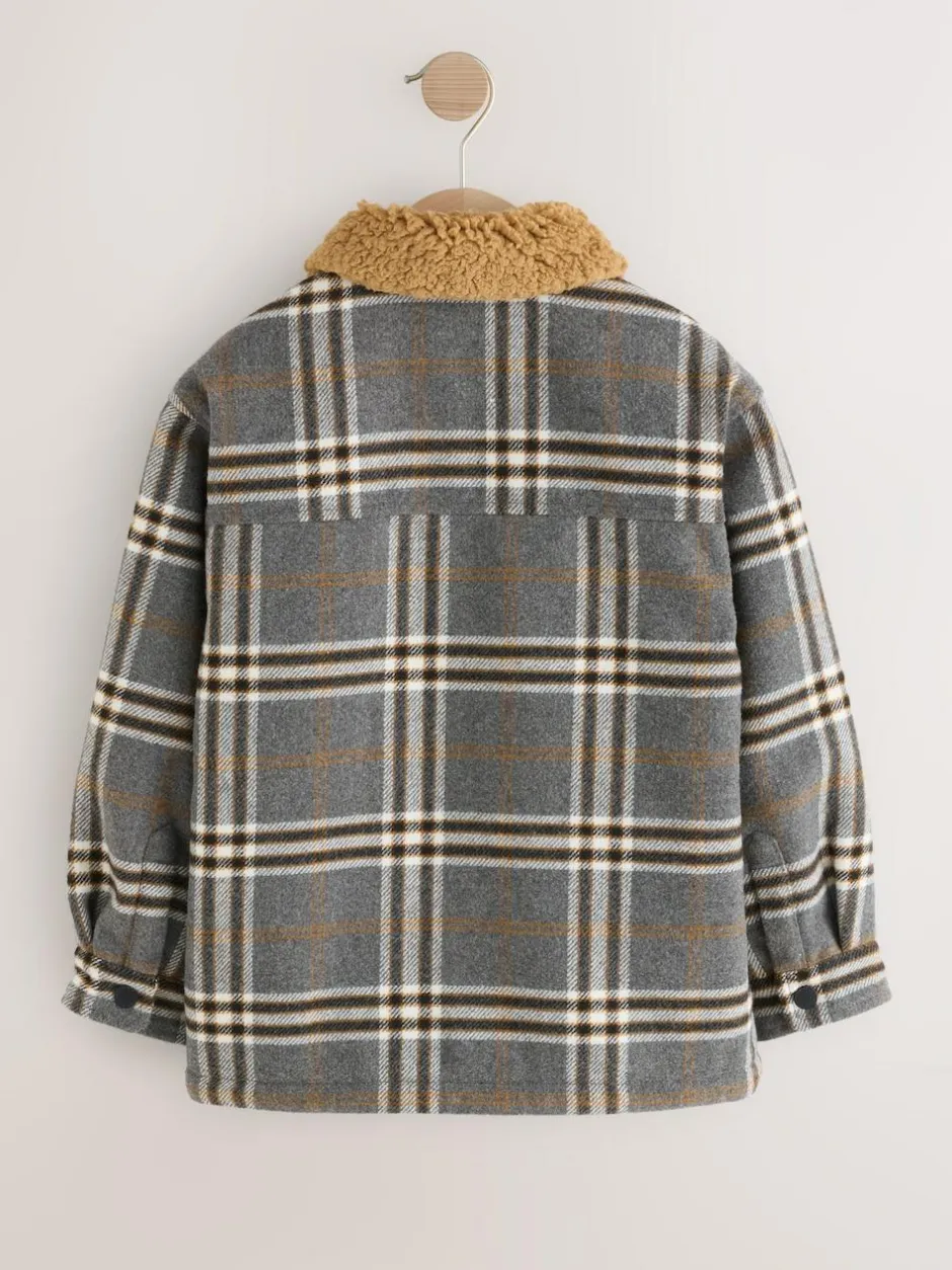 Next Lined Shacket (3-16yrs) Grey Check Borg Collar Best