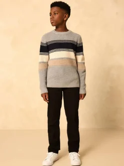 Next Colourblock Stripe Crew Neck Knitted Jumper (3-16yrs) Grey