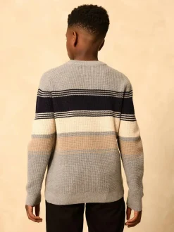 Next Colourblock Stripe Crew Neck Knitted Jumper (3-16yrs) Grey