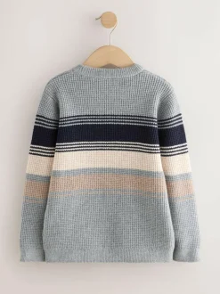 Next Colourblock Stripe Crew Neck Knitted Jumper (3-16yrs) Grey