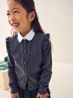 Next Grey Cotton Rich Frill Shoulder School Cardigan (3-16yrs) Hot