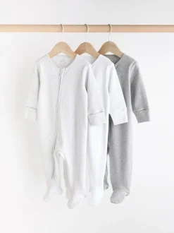 Next Essential Zipped 100% Cotton Baby Sleepsuits 3 Pack (0-3yrs) Grey Sale