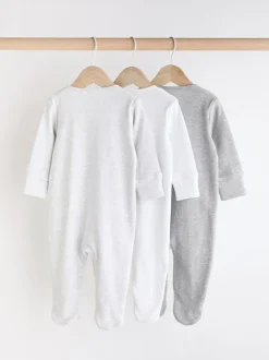 Next Essential Zipped 100% Cotton Baby Sleepsuits 3 Pack (0-3yrs) Grey Sale