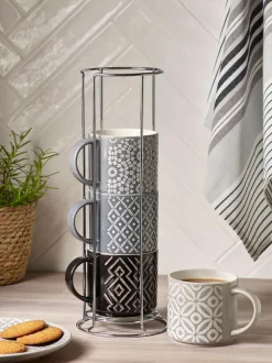 Next Grey Geo Embossed Set of 4 Stacking Mugs Clearance