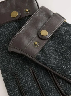 Next Harris Tweed And Leather Gloves Grey New
