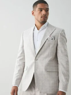Next Grey Linen Blend Check Tailored Suit Jacket Sale