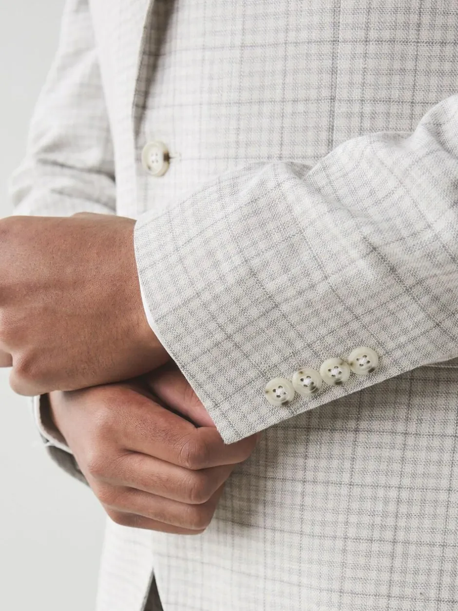 Next Grey Linen Blend Check Tailored Suit Jacket Sale
