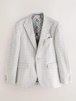 Next Grey Linen Blend Check Tailored Suit Jacket Sale
