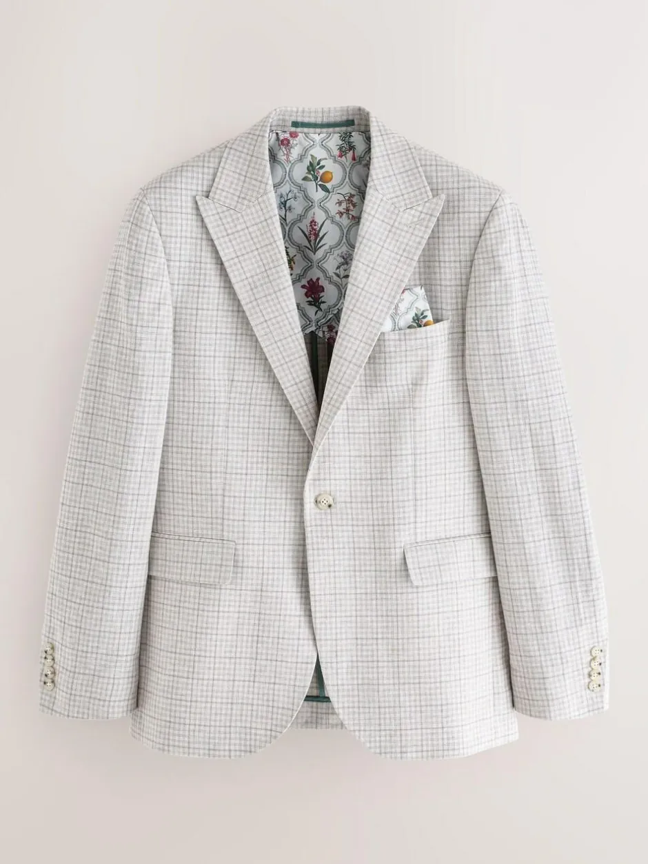 Next Grey Linen Blend Check Tailored Suit Jacket Sale