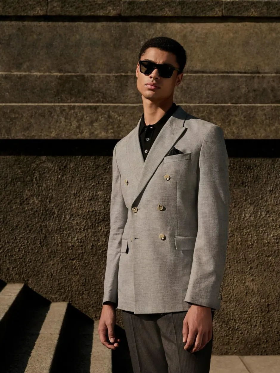 Next Grey Linen Blend Texture Double Breasted Suit Jacket