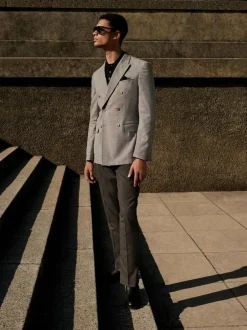 Next Grey Linen Blend Texture Double Breasted Suit Jacket