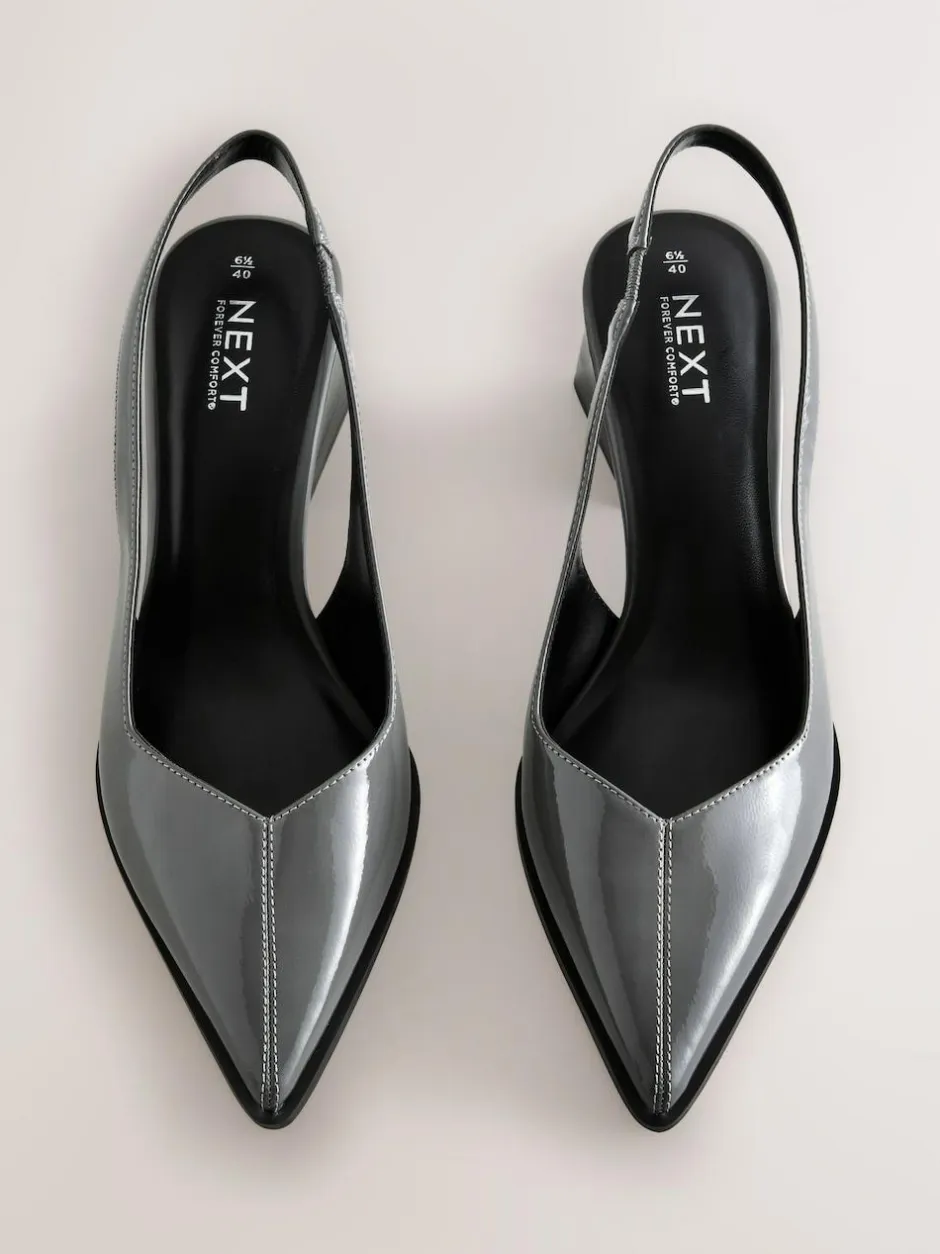 Next Forever Comfort® Pointed Toe Slingback Block Heels Grey Patent Hot