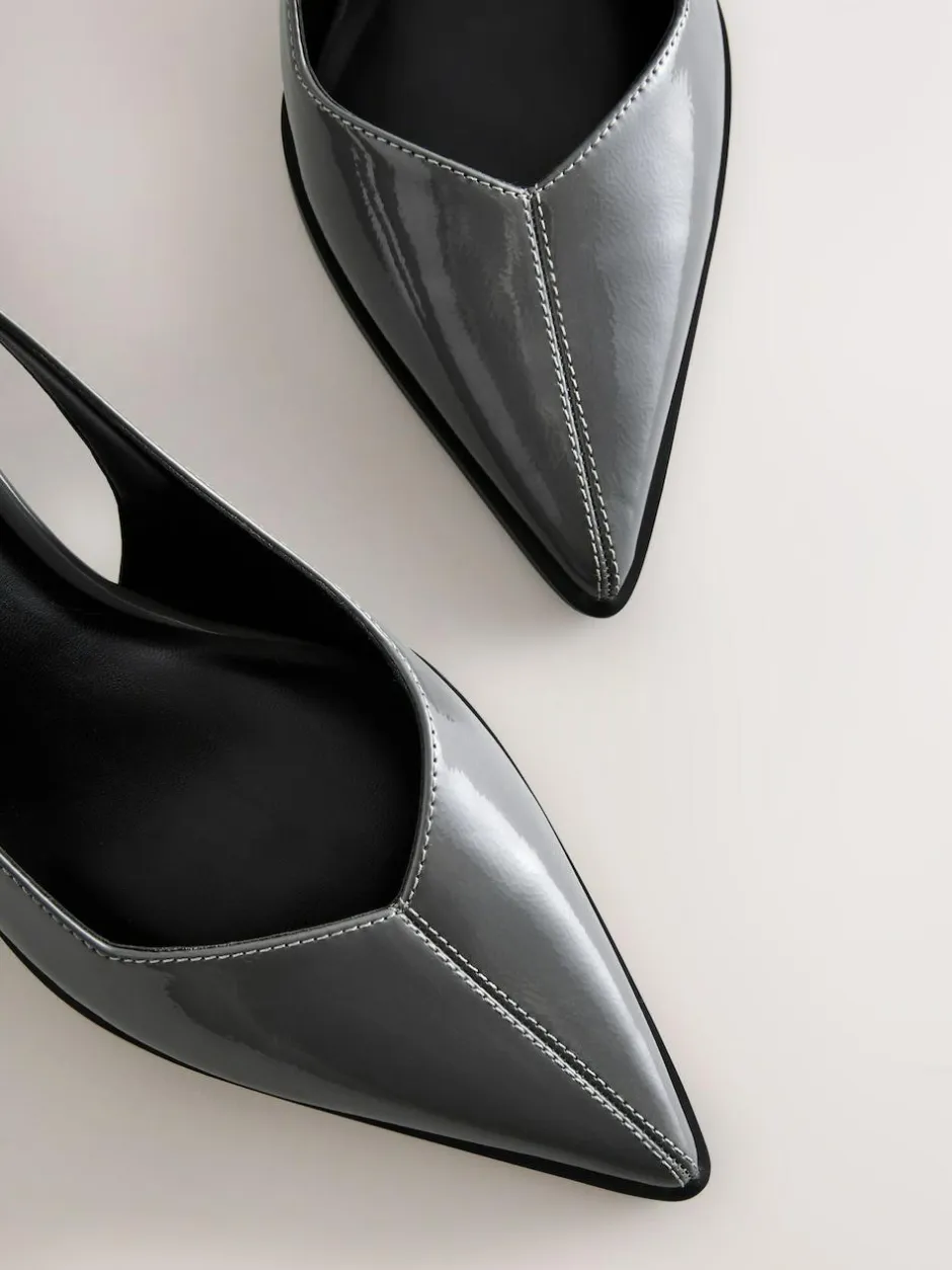 Next Forever Comfort® Pointed Toe Slingback Block Heels Grey Patent Hot