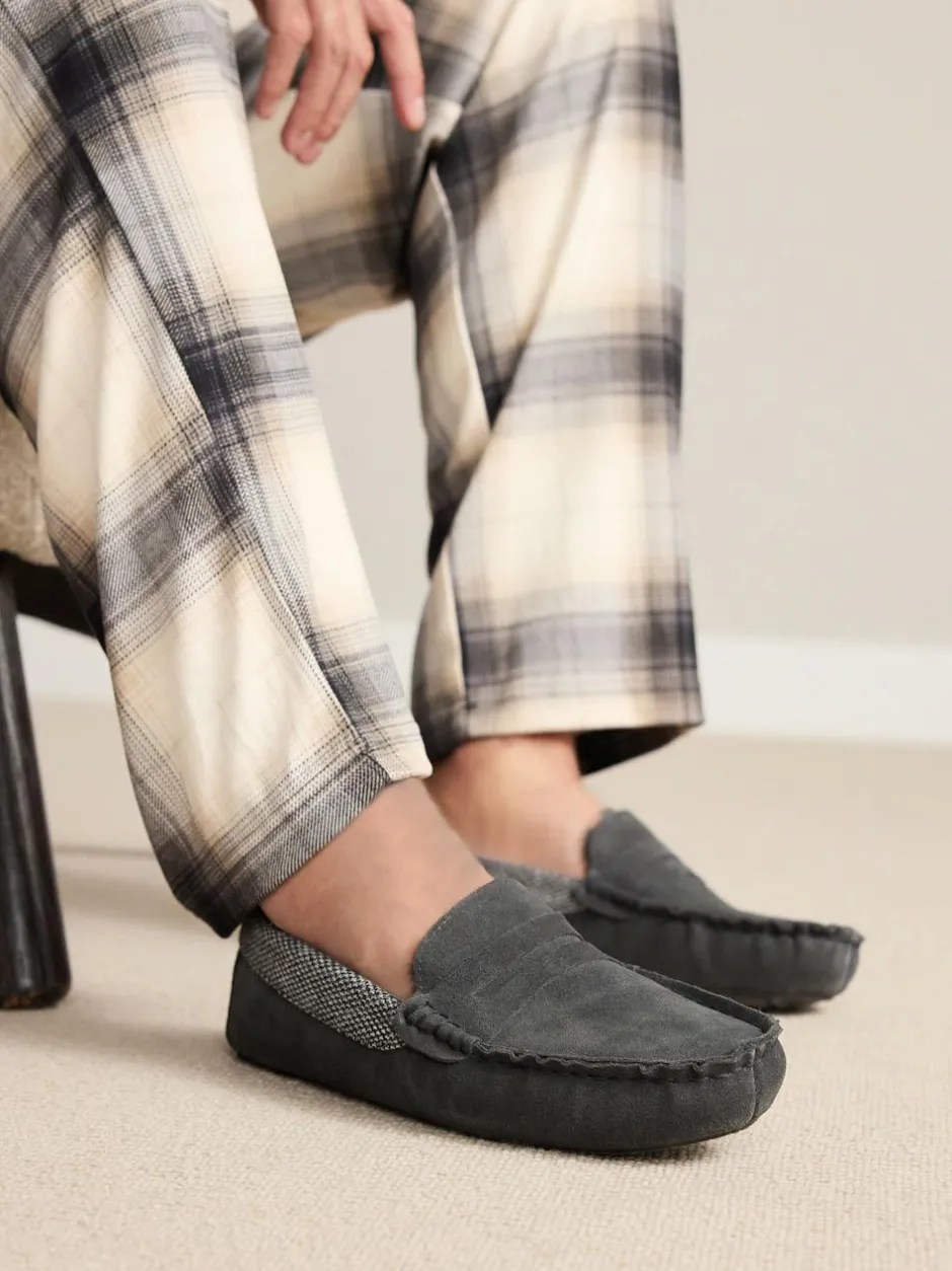 Next Signature Suede Fabric Trim Moccasin Slippers Grey Clearance