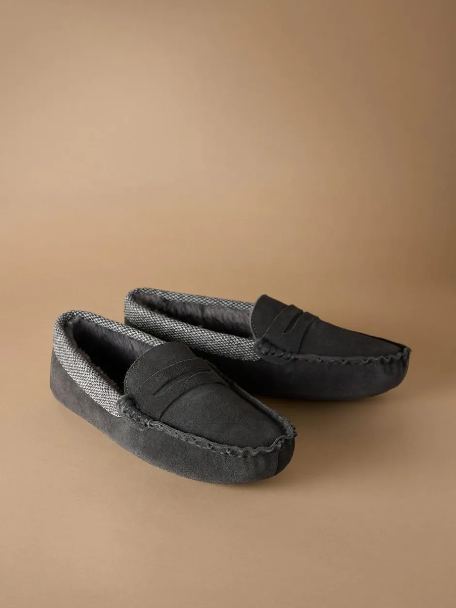 Next Signature Suede Fabric Trim Moccasin Slippers Grey Clearance