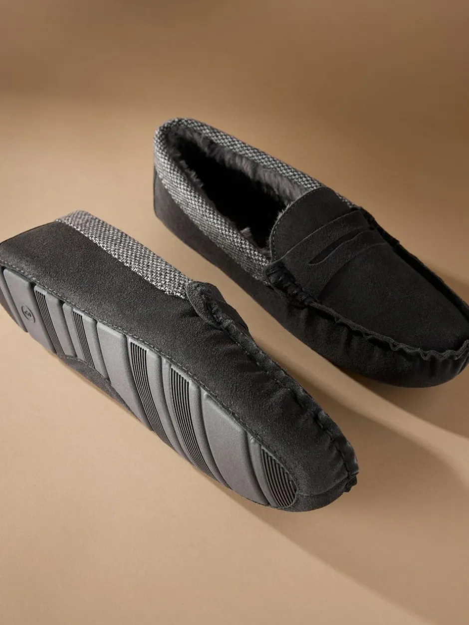 Next Signature Suede Fabric Trim Moccasin Slippers Grey Clearance