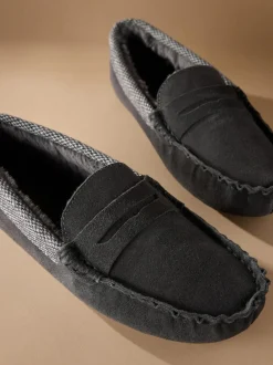 Next Signature Suede Fabric Trim Moccasin Slippers Grey Clearance