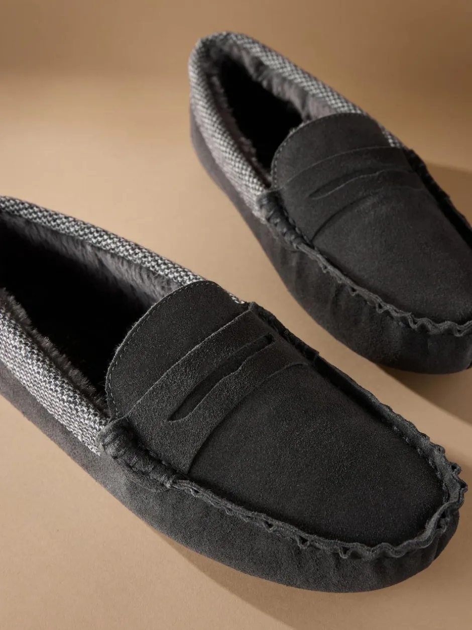 Next Signature Suede Fabric Trim Moccasin Slippers Grey Clearance