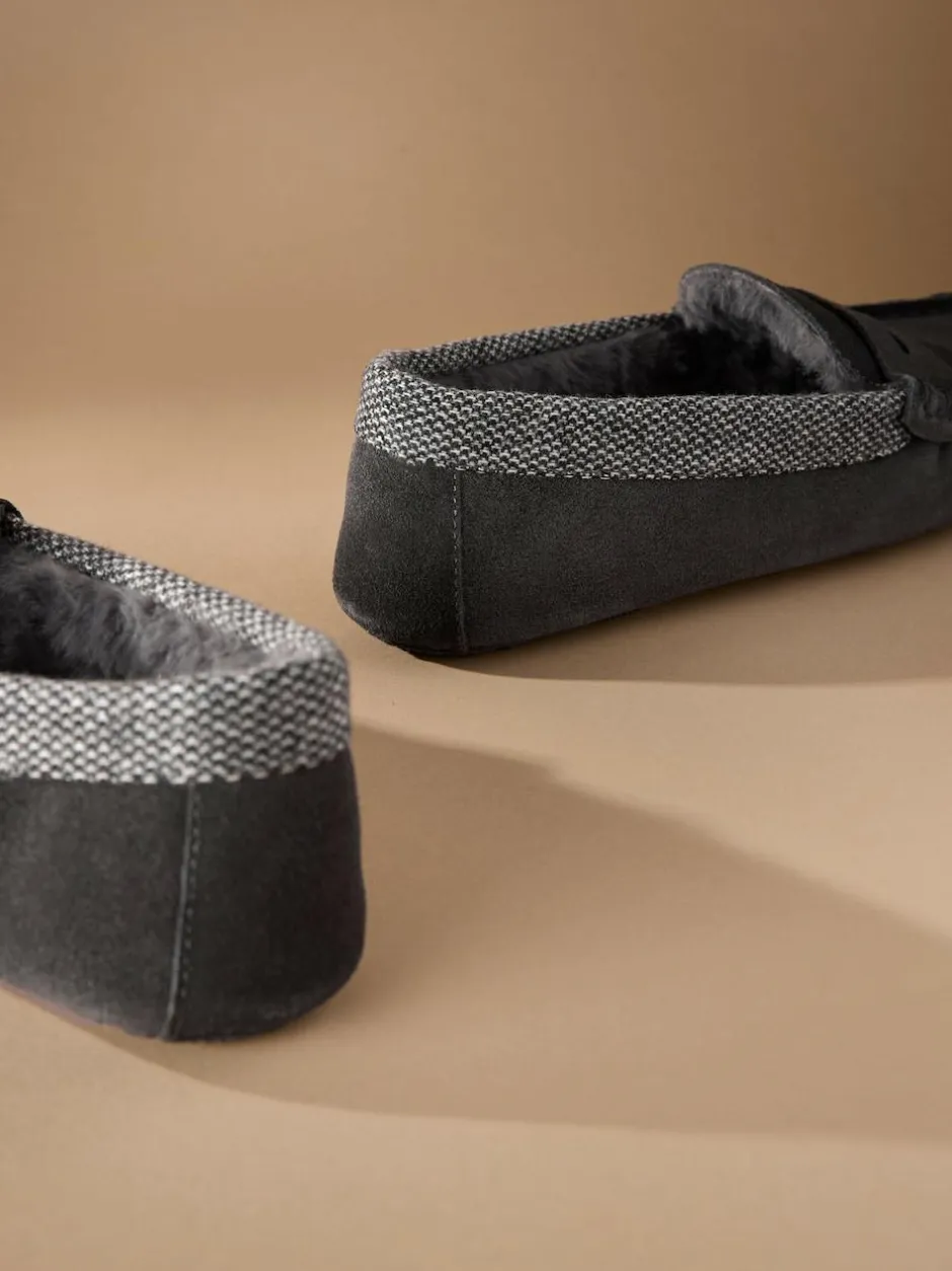 Next Signature Suede Fabric Trim Moccasin Slippers Grey Clearance