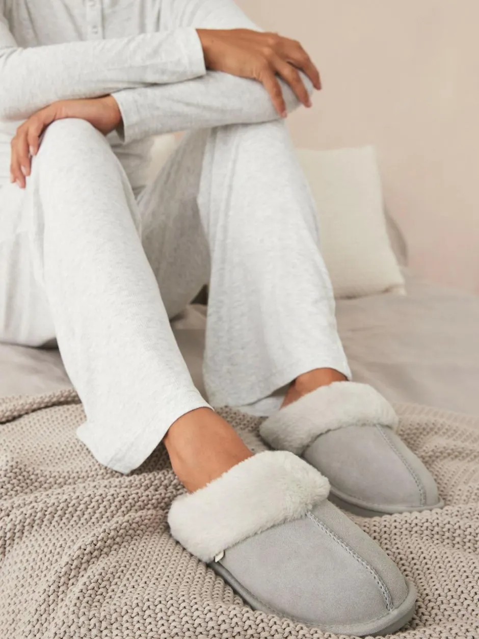 Next Grey Suede Faux Fur Mule Slippers