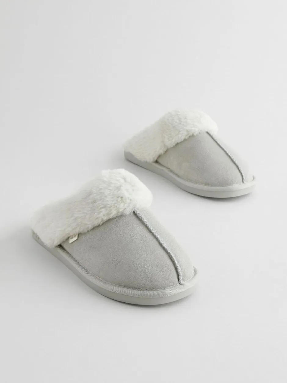 Next Grey Suede Faux Fur Mule Slippers