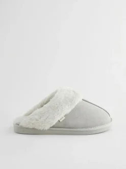 Next Grey Suede Faux Fur Mule Slippers