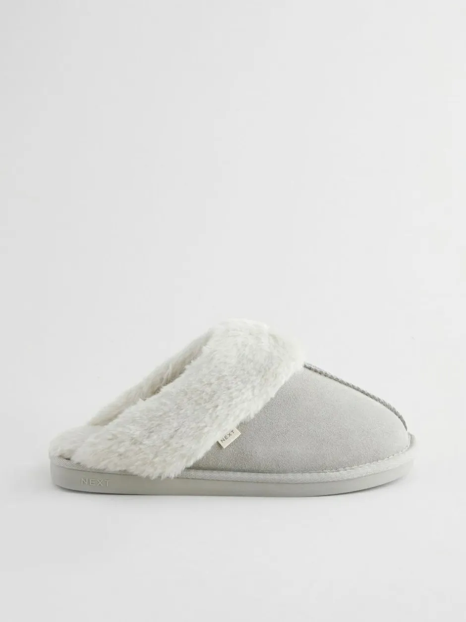 Next Grey Suede Faux Fur Mule Slippers