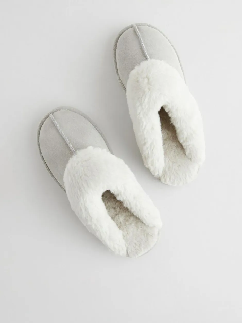 Next Grey Suede Faux Fur Mule Slippers