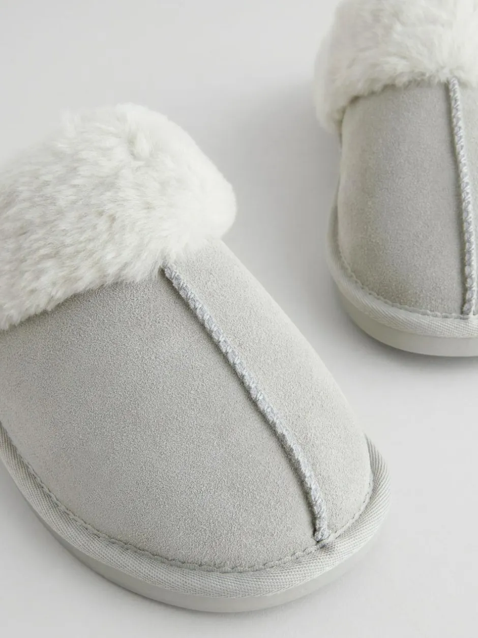 Next Grey Suede Faux Fur Mule Slippers