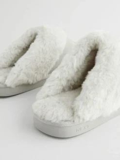 Next Grey Suede Faux Fur Mule Slippers