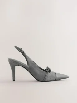 Next Forever Comfort® Leather Pointed Cutout Bow Slingback Heels Grey Suede Clearance