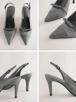 Next Forever Comfort® Leather Pointed Cutout Bow Slingback Heels Grey Suede Clearance
