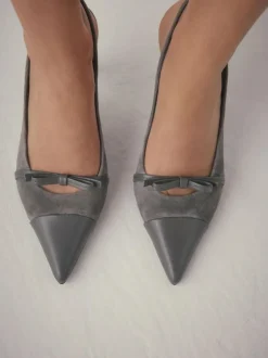 Next Forever Comfort® Leather Pointed Cutout Bow Slingback Heels Grey Suede Clearance