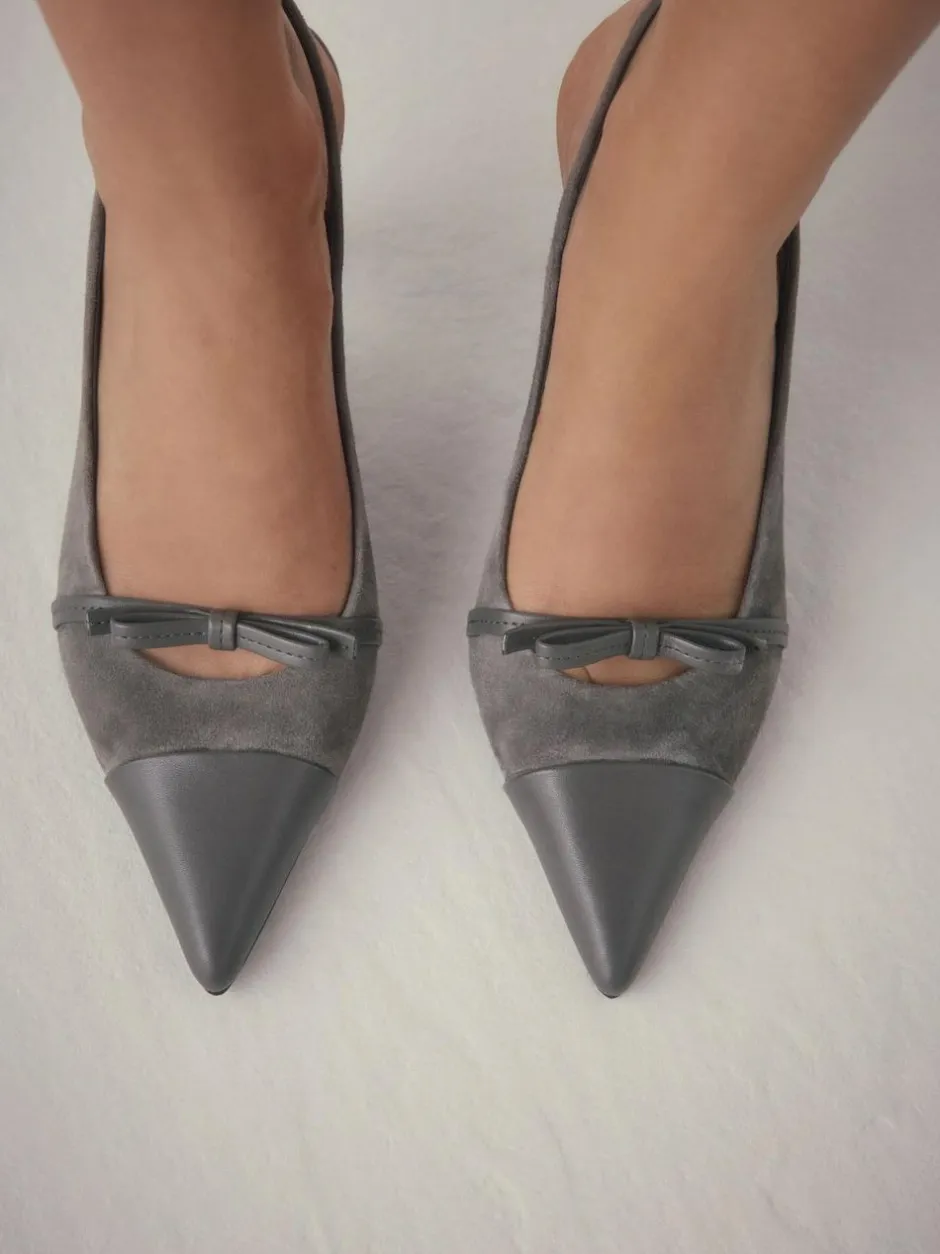 Next Forever Comfort® Leather Pointed Cutout Bow Slingback Heels Grey Suede Clearance