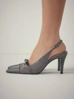 Next Forever Comfort® Leather Pointed Cutout Bow Slingback Heels Grey Suede Clearance