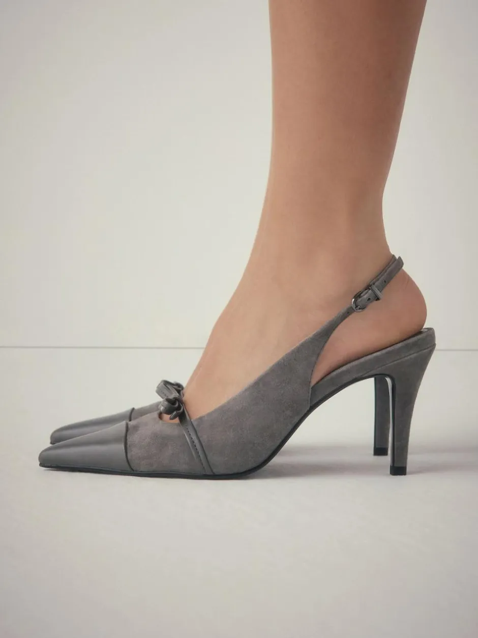 Next Forever Comfort® Leather Pointed Cutout Bow Slingback Heels Grey Suede Clearance
