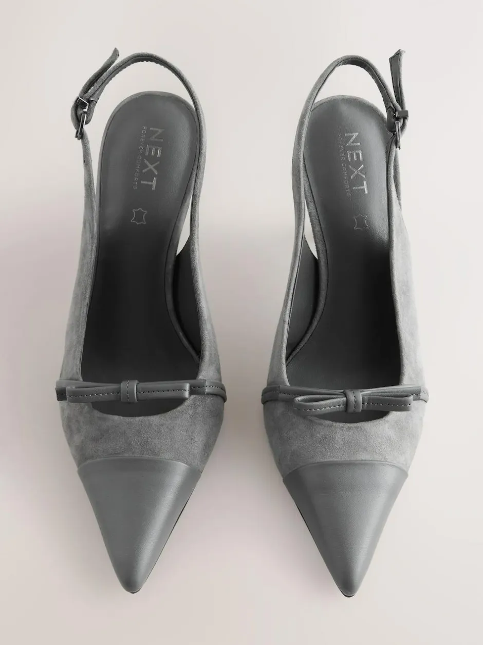 Next Forever Comfort® Leather Pointed Cutout Bow Slingback Heels Grey Suede Clearance