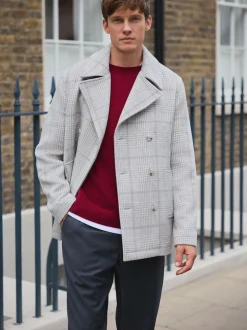 Next Grey Wool Blend Soft Touch Check Pea Coat New