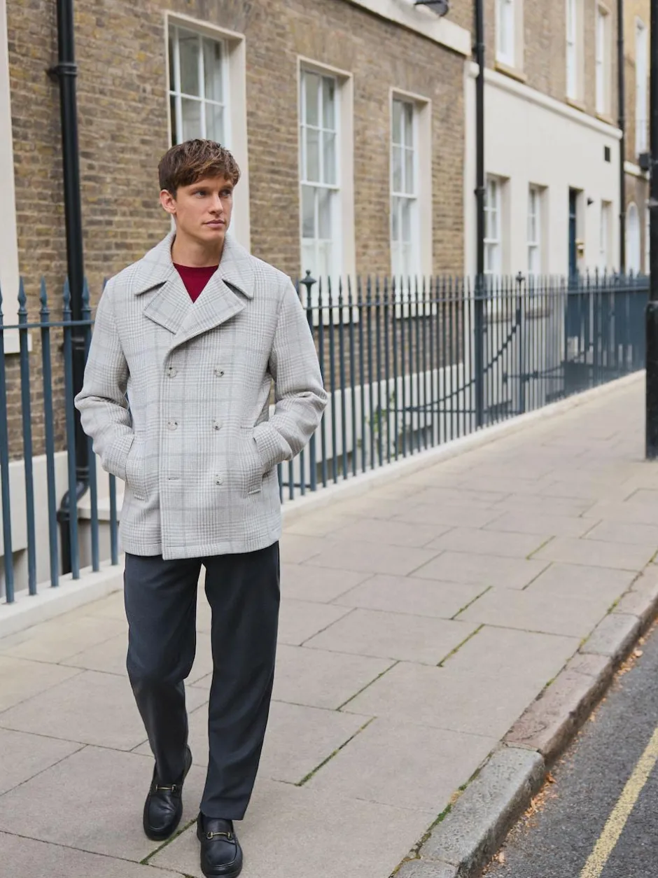 Next Grey Wool Blend Soft Touch Check Pea Coat New