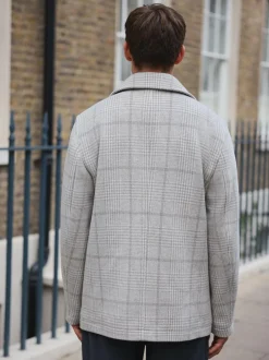 Next Grey Wool Blend Soft Touch Check Pea Coat New