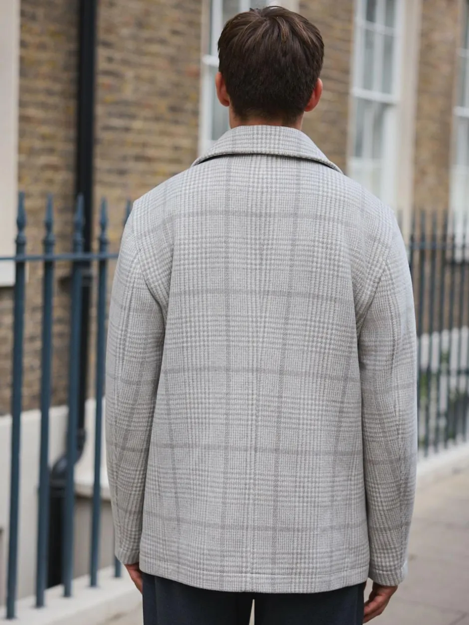 Next Grey Wool Blend Soft Touch Check Pea Coat New