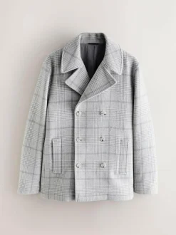 Next Grey Wool Blend Soft Touch Check Pea Coat New